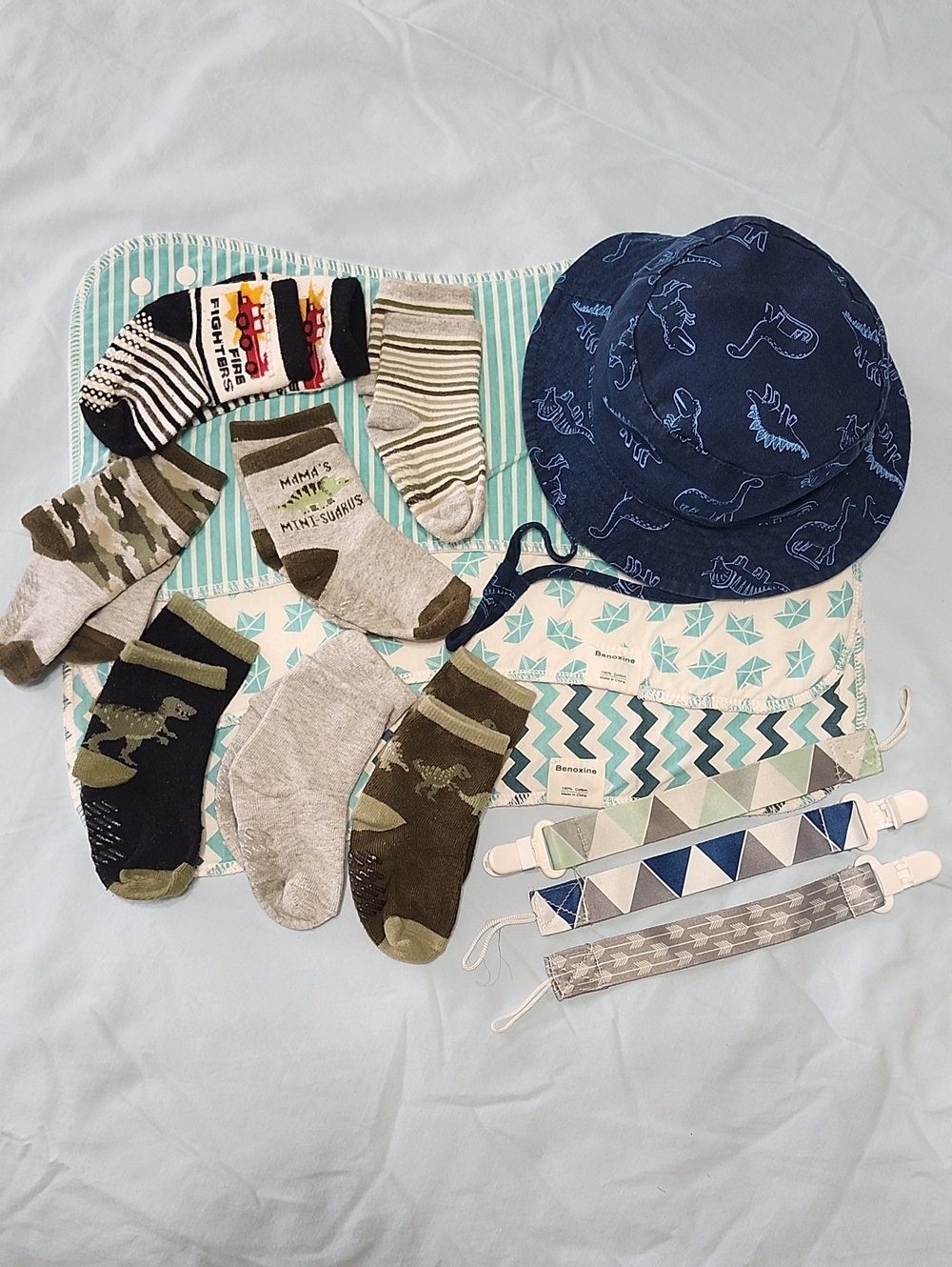 Dinosaur Bucket Hat, Benoxine Baby Burp Cloths, Clips & Assorted Socks - Picture 1 of 5